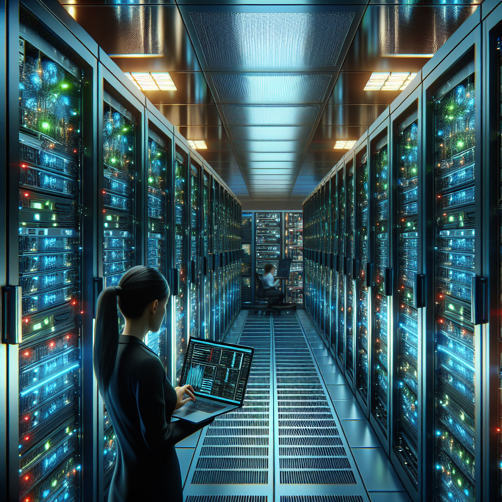 Modern server room with rows of glowing servers and a professional managing them in the background, showcasing web hosting for 2023.