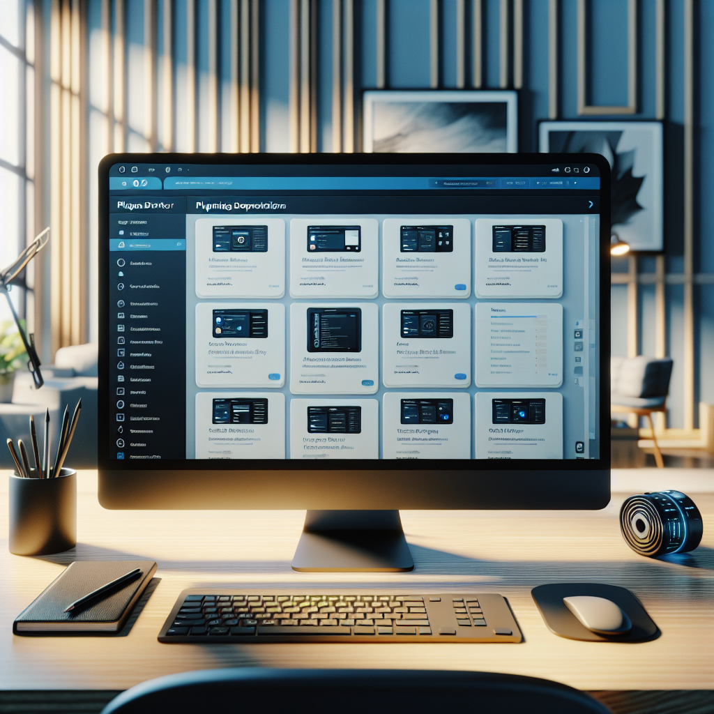 Realistic illustration of the WordPress Plugins Directory on a computer screen in a modern workspace.