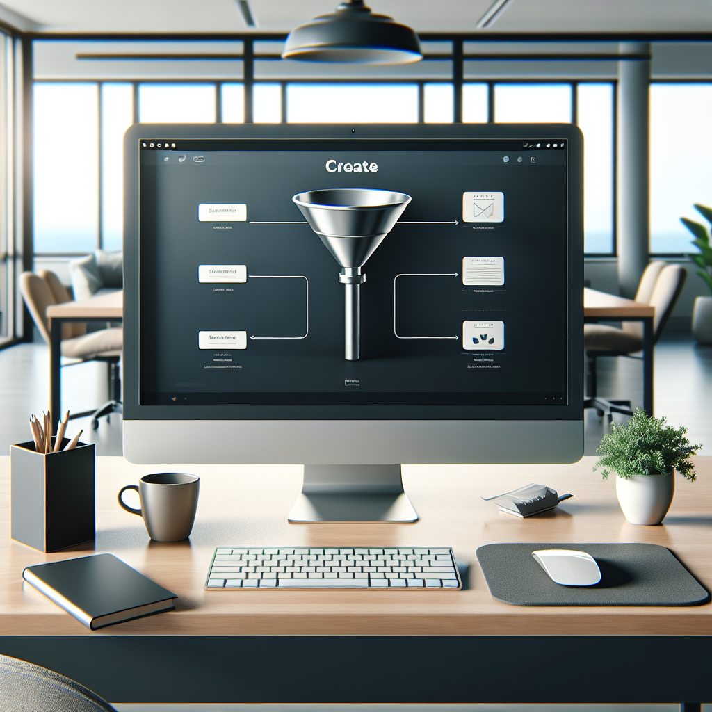 Digital marketing workspace with a computer screen displaying a sales funnel template.