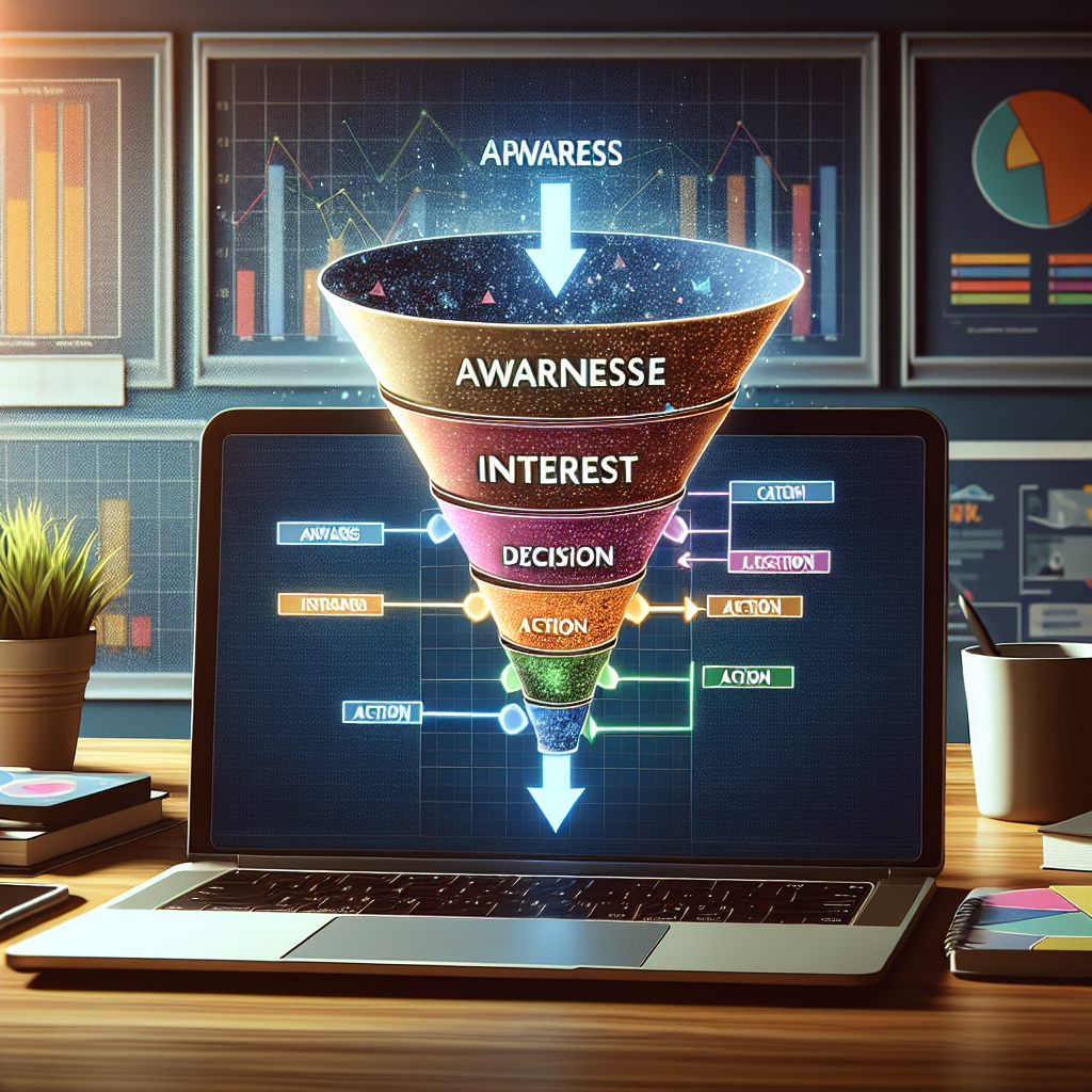 A realistic image of a sales funnel diagram in a digital marketing context, showcasing various stages with vibrant colors in a modern office setting.