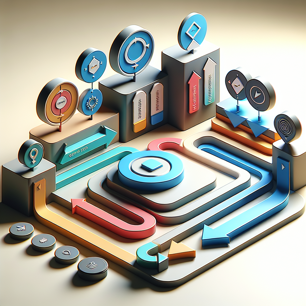 Realistic depiction of a digital sales funnel template with colorful geometric shapes representing different stages.