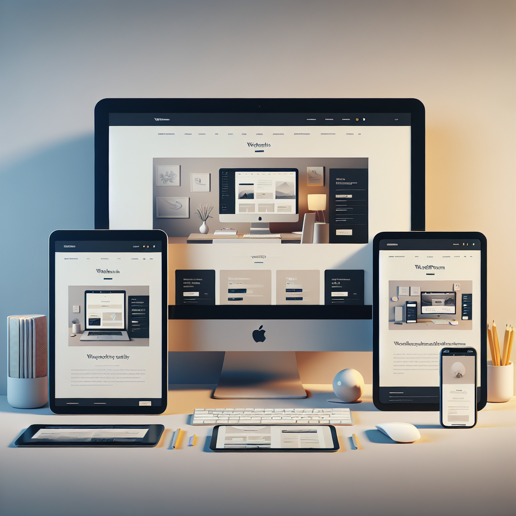 Illustration of a responsive WordPress theme on a desktop, tablet, and smartphone.