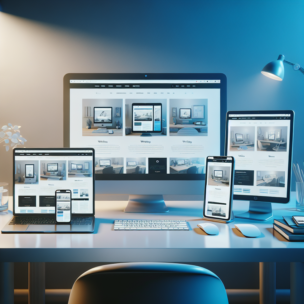 Various devices showing a responsive WordPress theme in a modern workspace.