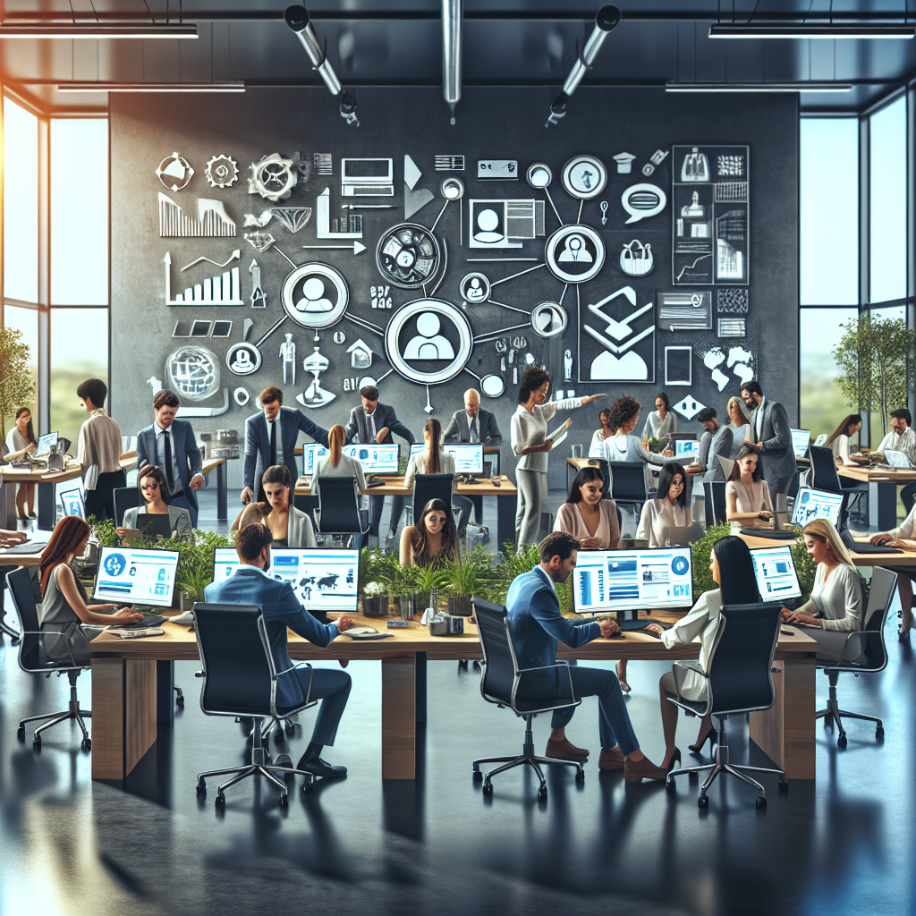 A realistic image depicting a diverse group of people collaborating in a modern office, with marketing materials and performance analytics on display, representing an affiliate network.