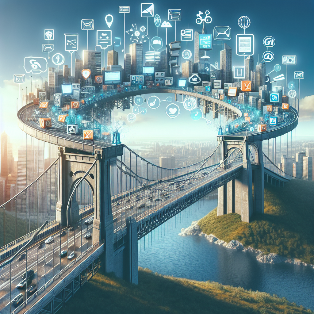 Illustration depicting an affiliate network with a bridge connecting publishers and merchants, highlighting marketing tools.