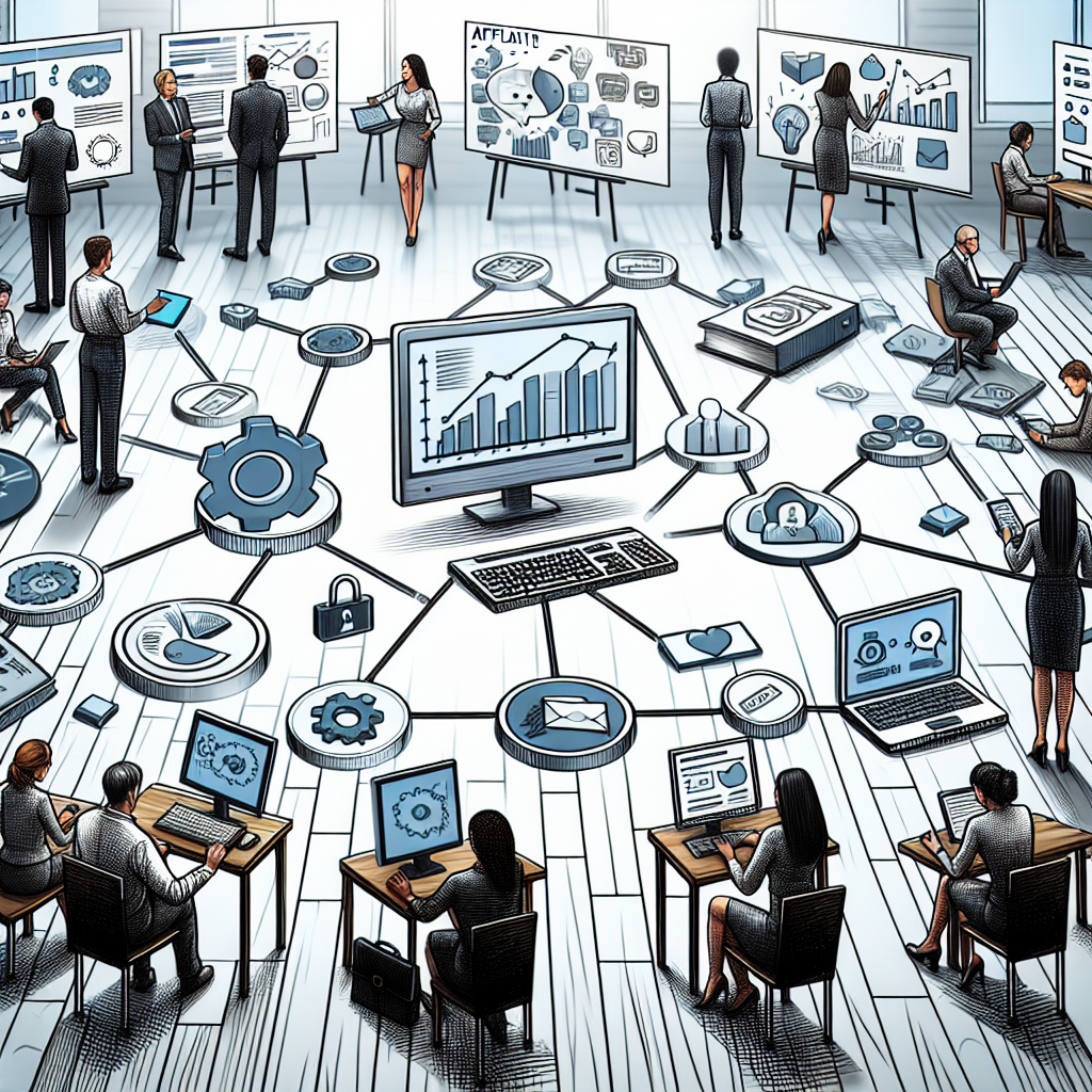 A realistic representation of people connecting through affiliate networks, displaying charts and marketing tools in a modern office.