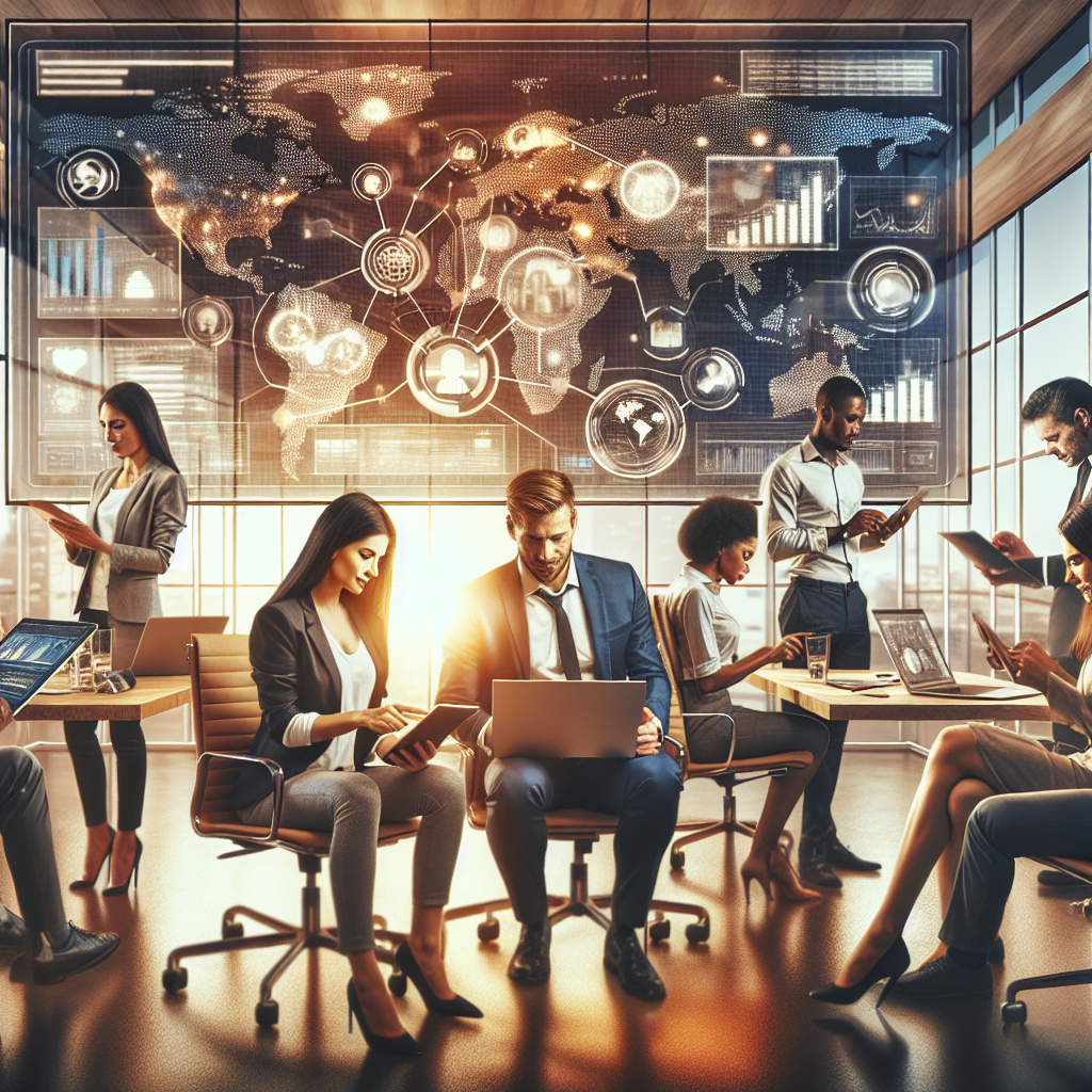 A realistic depiction of an affiliate marketing network concept with diverse people using technology in a modern office.