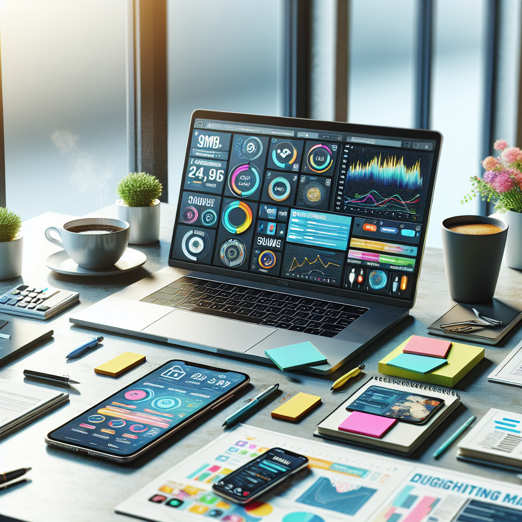 A modern office desk with various digital marketing tools showcasing productivity and innovation.