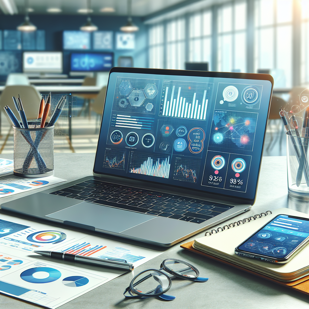 A modern workspace with digital marketing tools, showcasing a laptop, smartphone, planners, and charts in a bright, organized setting.