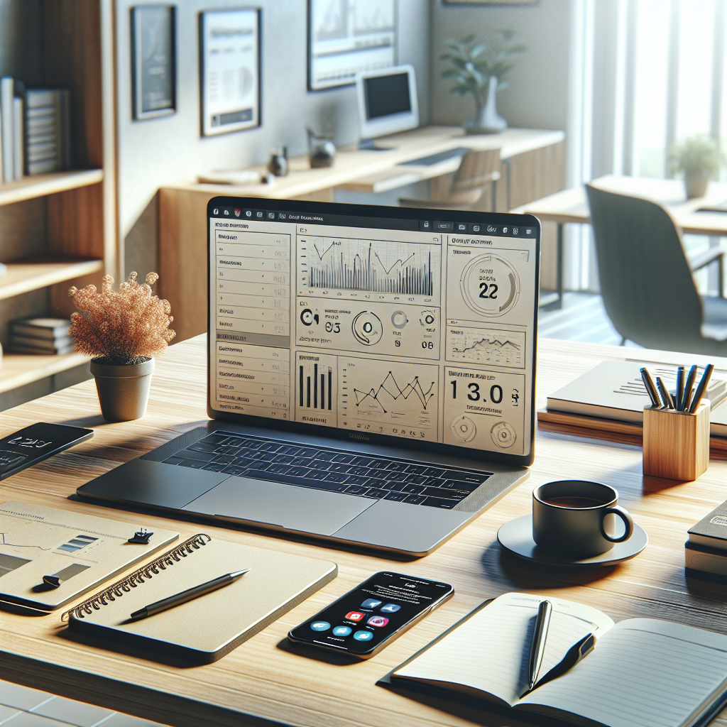 Realistic workspace setup for digital marketing including a laptop, smartphone, coffee cup, and notepad.
