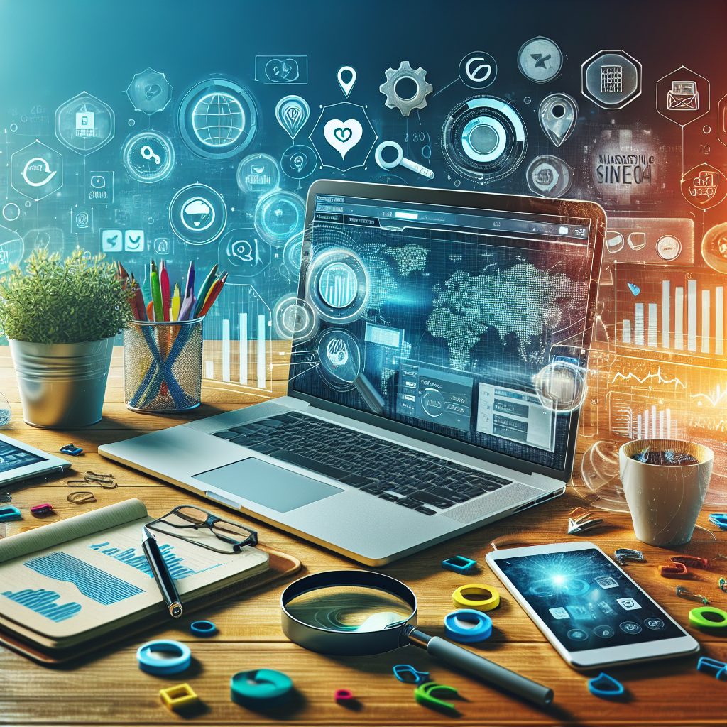A modern workspace with digital marketing tools and devices.