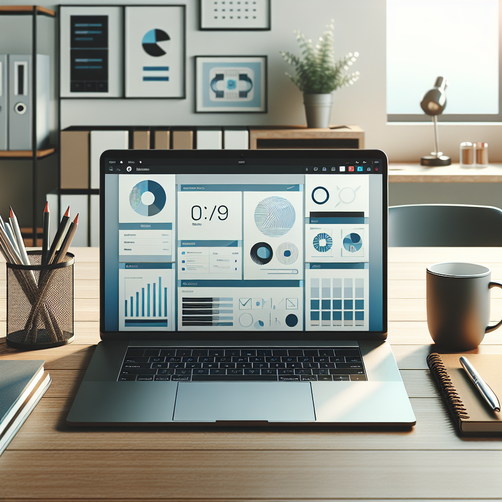 Realistic image of a business office desk setup with a laptop displaying a WordPress theme design, surrounded by office supplies and a coffee cup.