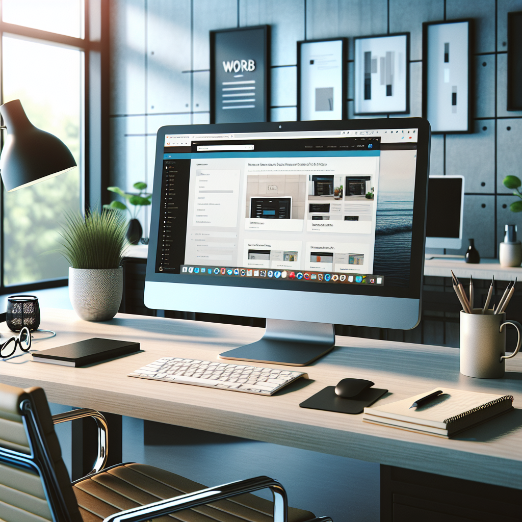 A modern and organized office workspace with a computer displaying WordPress themes, reflecting a productive and professional atmosphere.