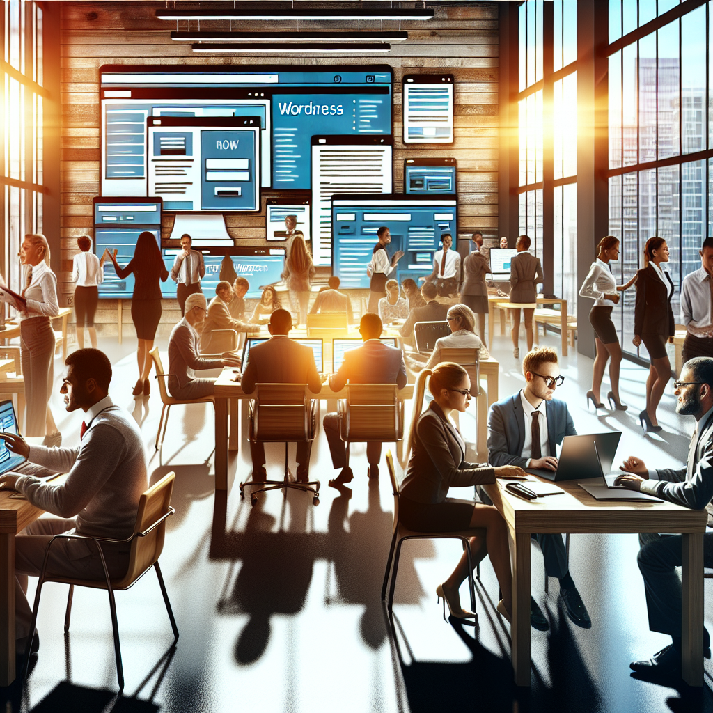 Modern business workplace with people discussing WordPress themes.