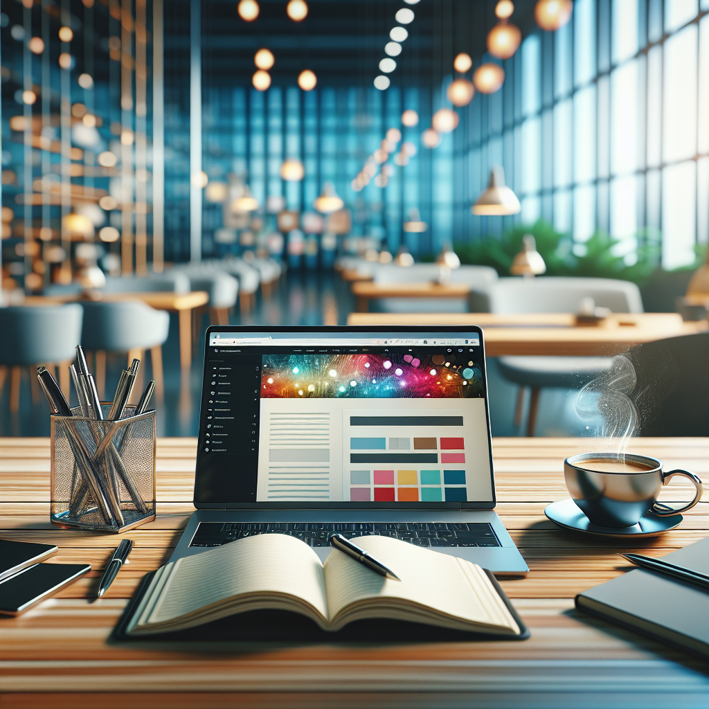 A modern office workspace showcasing a laptop with a WordPress theme, accompanied by a cup of coffee, notebook, and pen on a wooden desk.