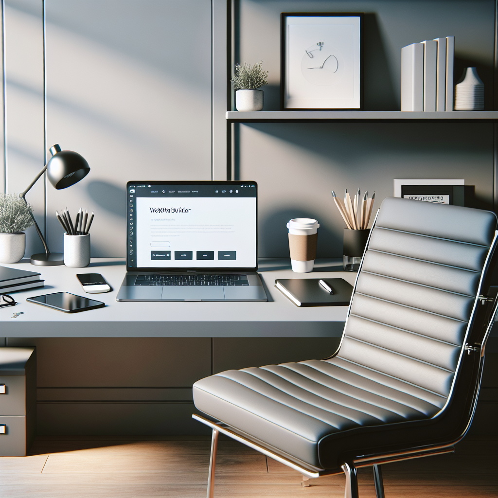 Modern office desk setup with a laptop showing a website builder interface, surrounded by office essentials and natural lighting.
