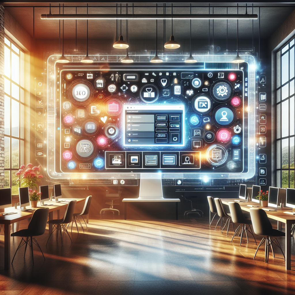 A computer screen displaying a website builder interface surrounded by digital tool icons in a modern office setting.