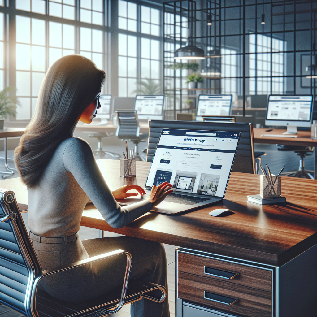 A small business owner using a laptop with a website builder interface in a modern office.