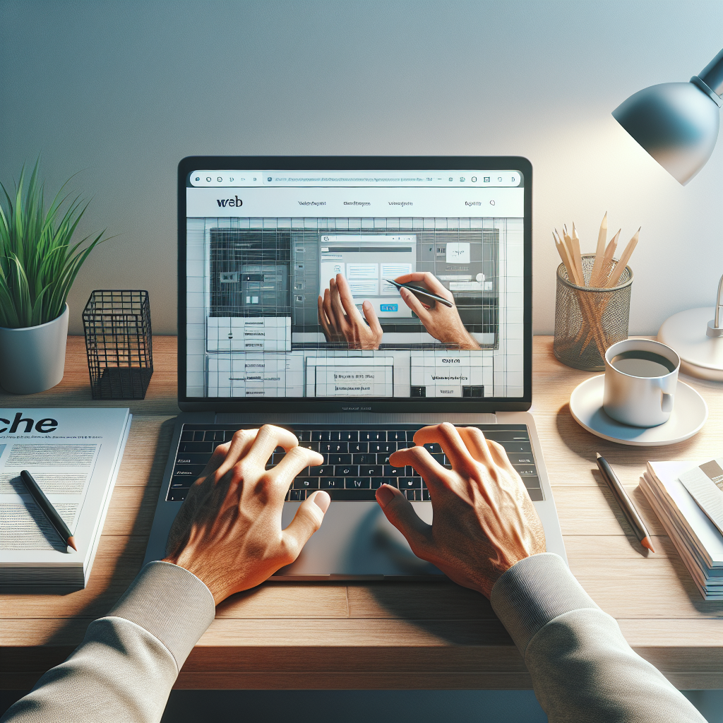 A person using a website builder on a laptop in a modern workspace.