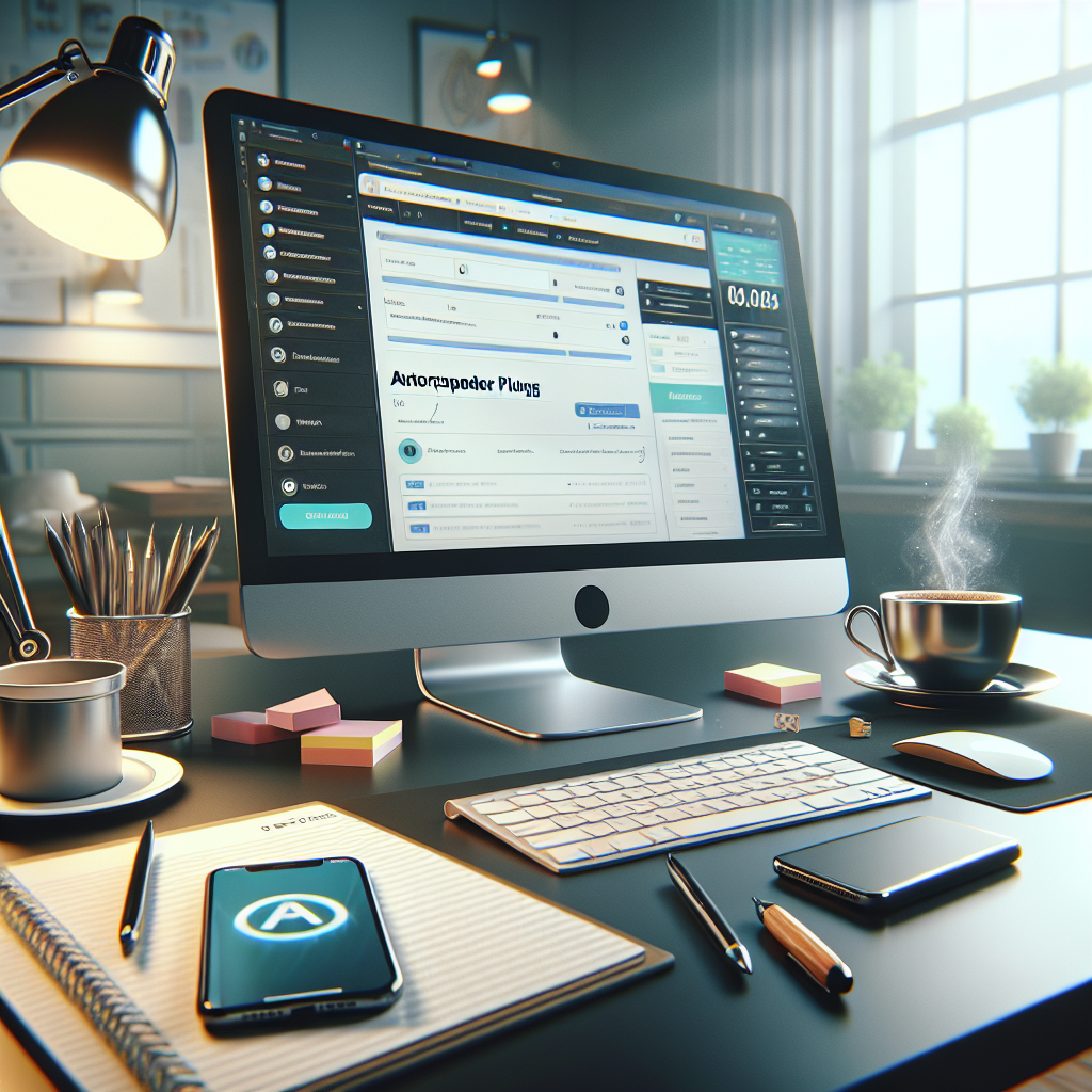 A realistic digital marketing workspace with a computer displaying autoresponder plugin software, coffee cup, notes, and smartphone.
