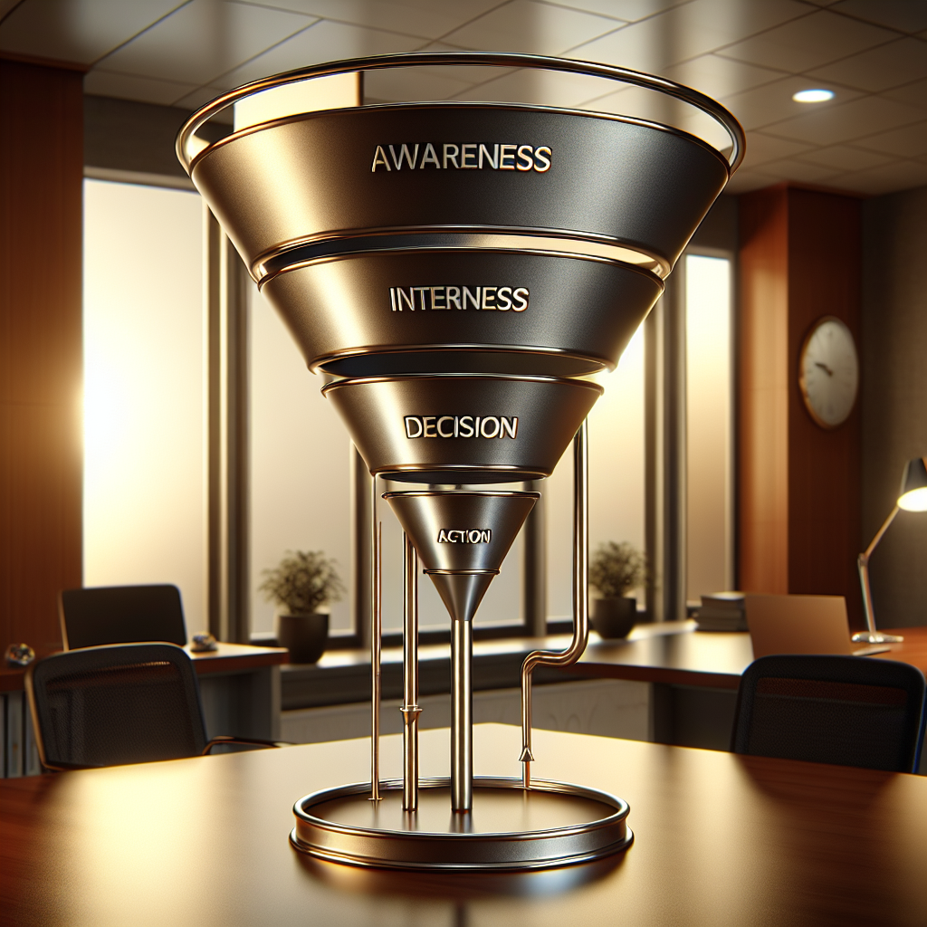 A realistic depiction of a multi-tiered sales funnel in a professional office setting.