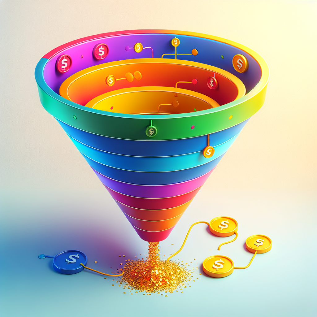 Realistic depiction of a sales funnel with stages labeled visually and gold coins flowing out.