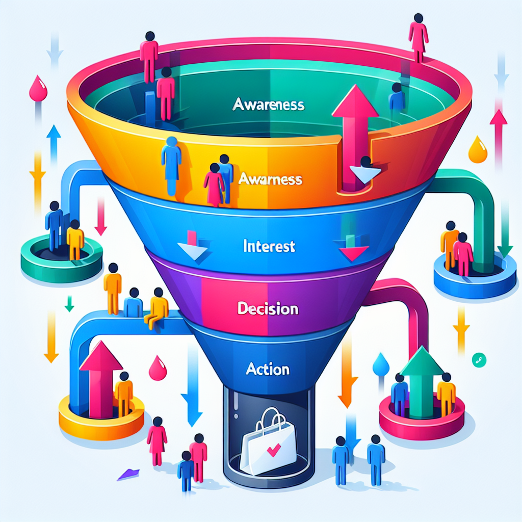 Illustration of a sales funnel setup with four stages: Awareness, Interest, Decision, and Action, leading to customer purchases.