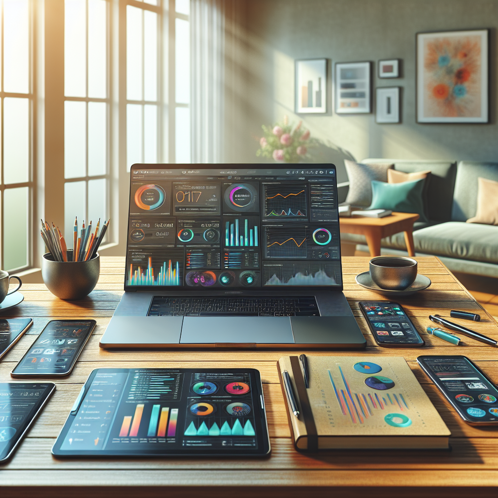 A modern desk setup with email marketing tools and analytics on a laptop screen, under natural morning light.