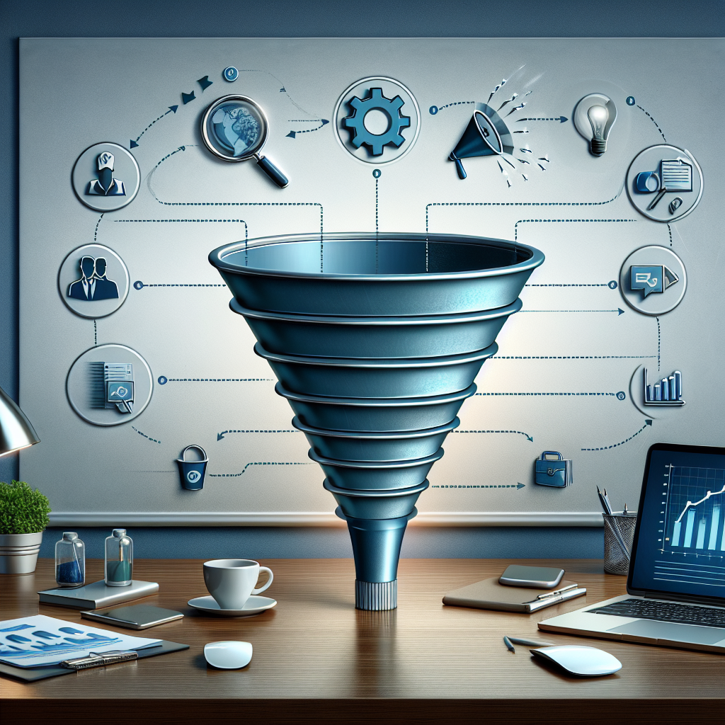 A realistic depiction of a sales funnel concept in a modern, digital workspace.