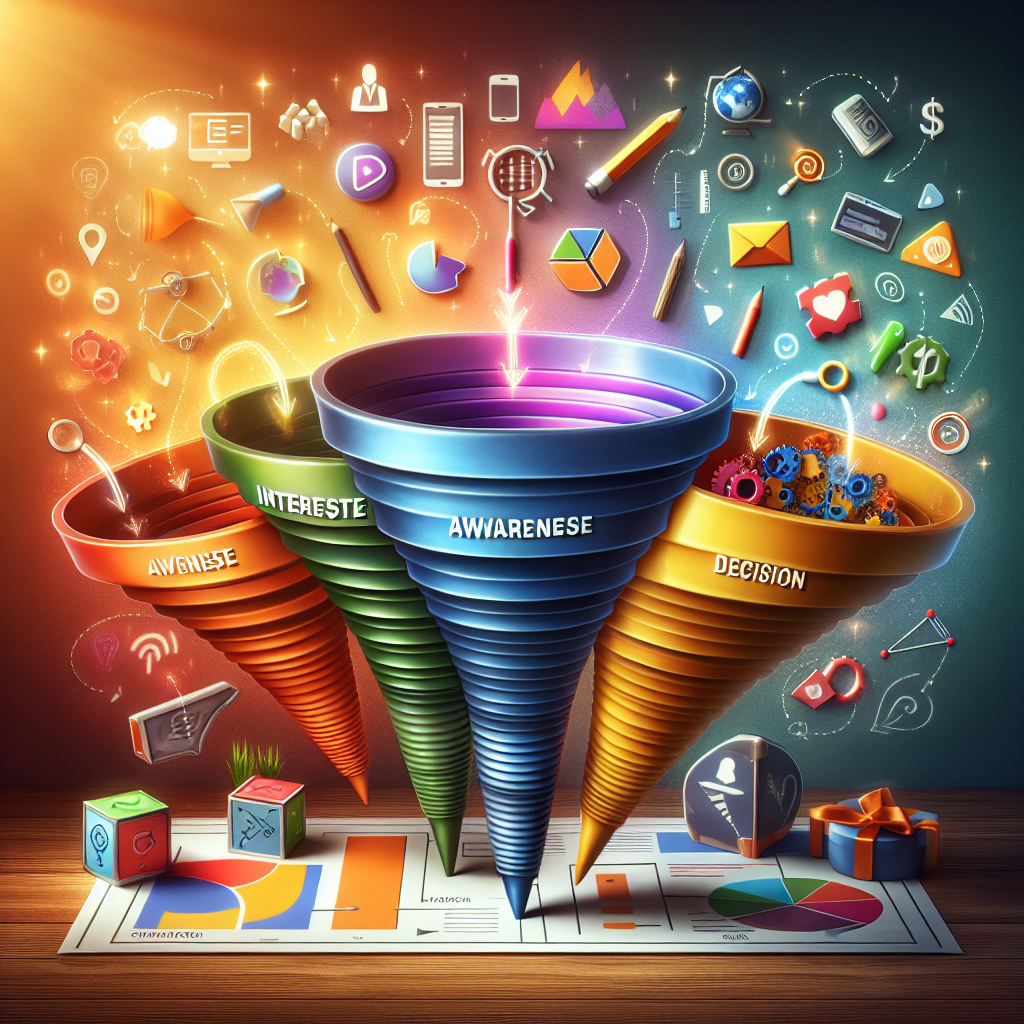 A realistic depiction of a sales funnel with four vibrant stages, representing online business strategies.