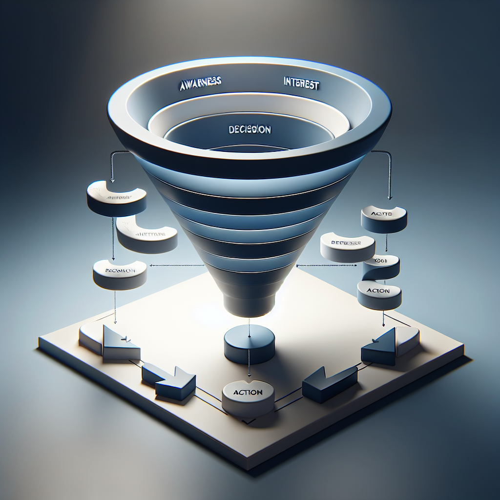 A realistic depiction of a sales funnel with stages represented from awareness to action in a modern, business-oriented style.