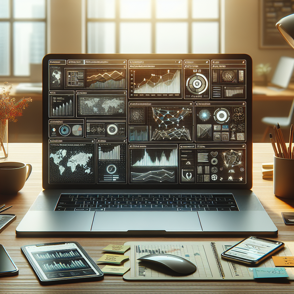 A modern workspace setup for affiliate marketing with a laptop, smartphone, and various desktop gadgets.