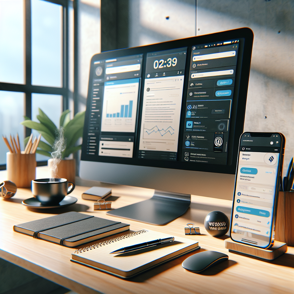 Realistic image of a workspace with a computer showing a WordPress dashboard and a smartphone displaying an email autoresponder app.