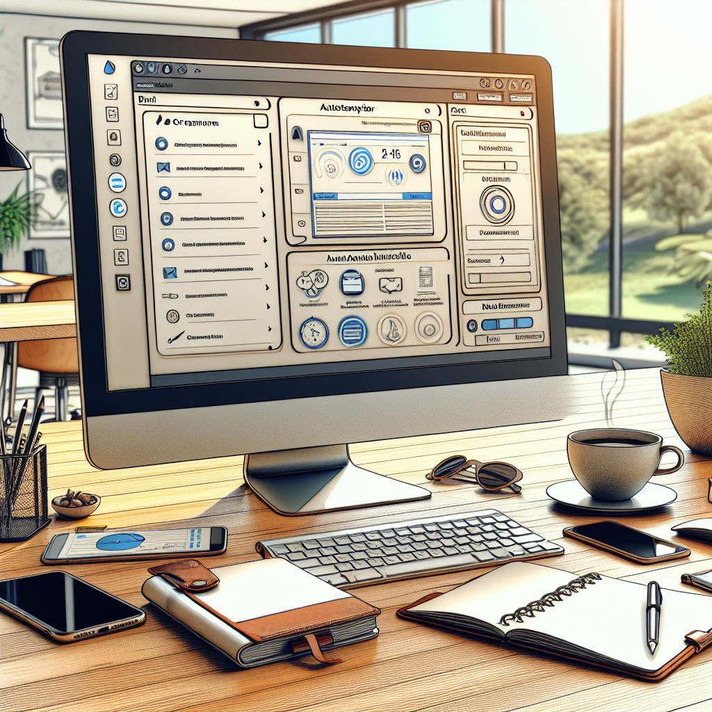 Realistic office desk with a computer showing an autoresponder on WordPress, coffee cup, notebook, and smartphone.