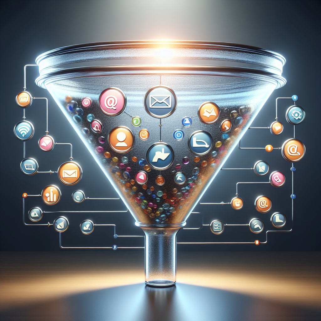 Illustration of a sales funnel with digital icons representing different stages of customer interaction.