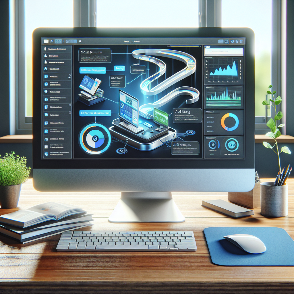 Modern digital sales funnel interface on a computer screen with a clean desk setup.