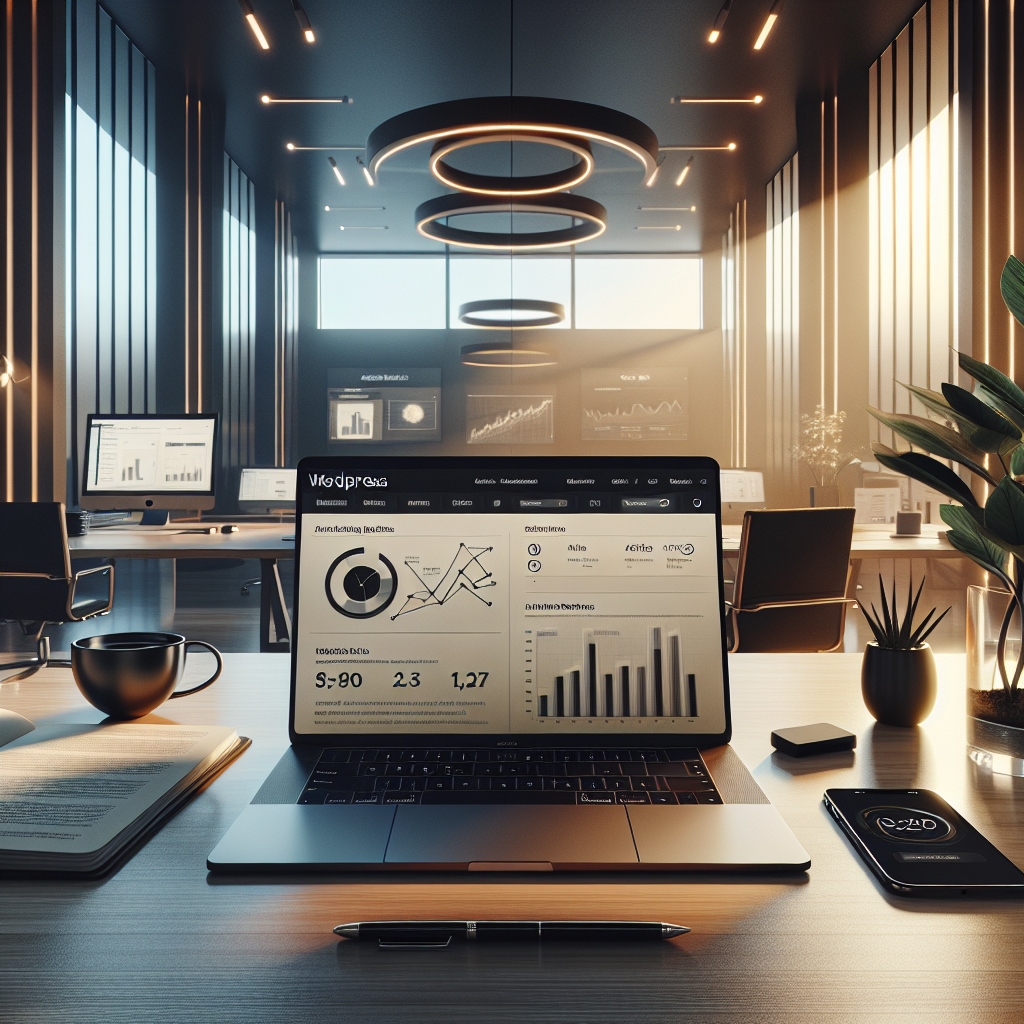 Realistic image of a modern workspace featuring a laptop with a WordPress theme dashboard and affiliate marketing tools.