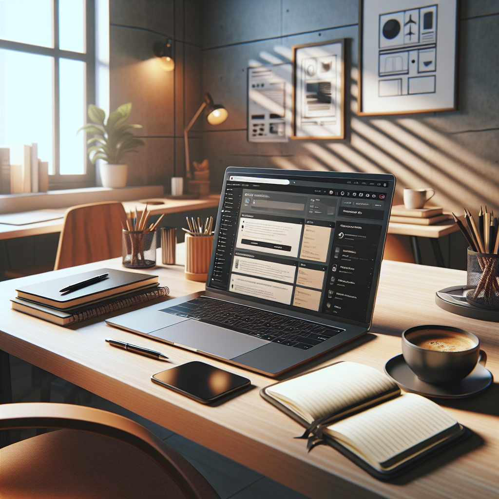 A realistic business workspace with a modern desk, laptop, and a computer screen displaying a WordPress dashboard.