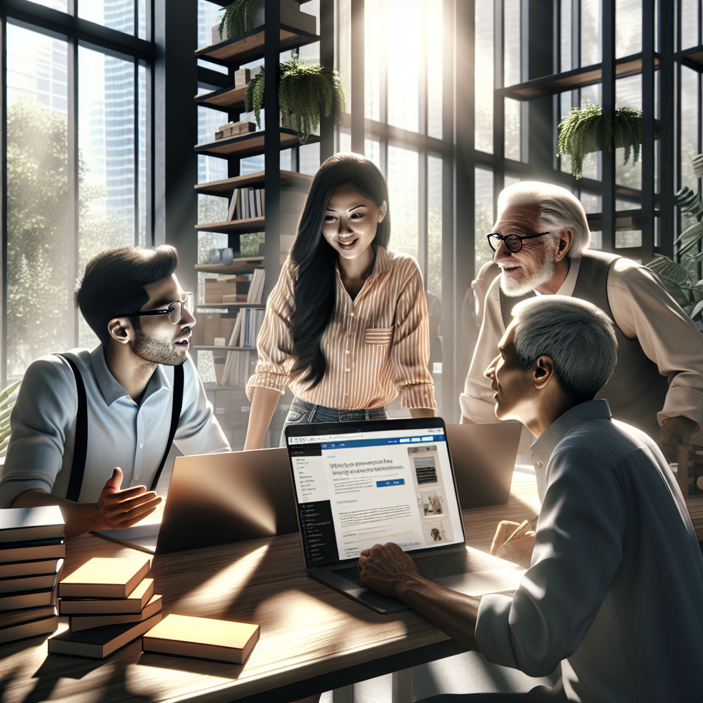 Bloggers, web developers, and entrepreneurs collaborating around a desk discussing WordPress themes.