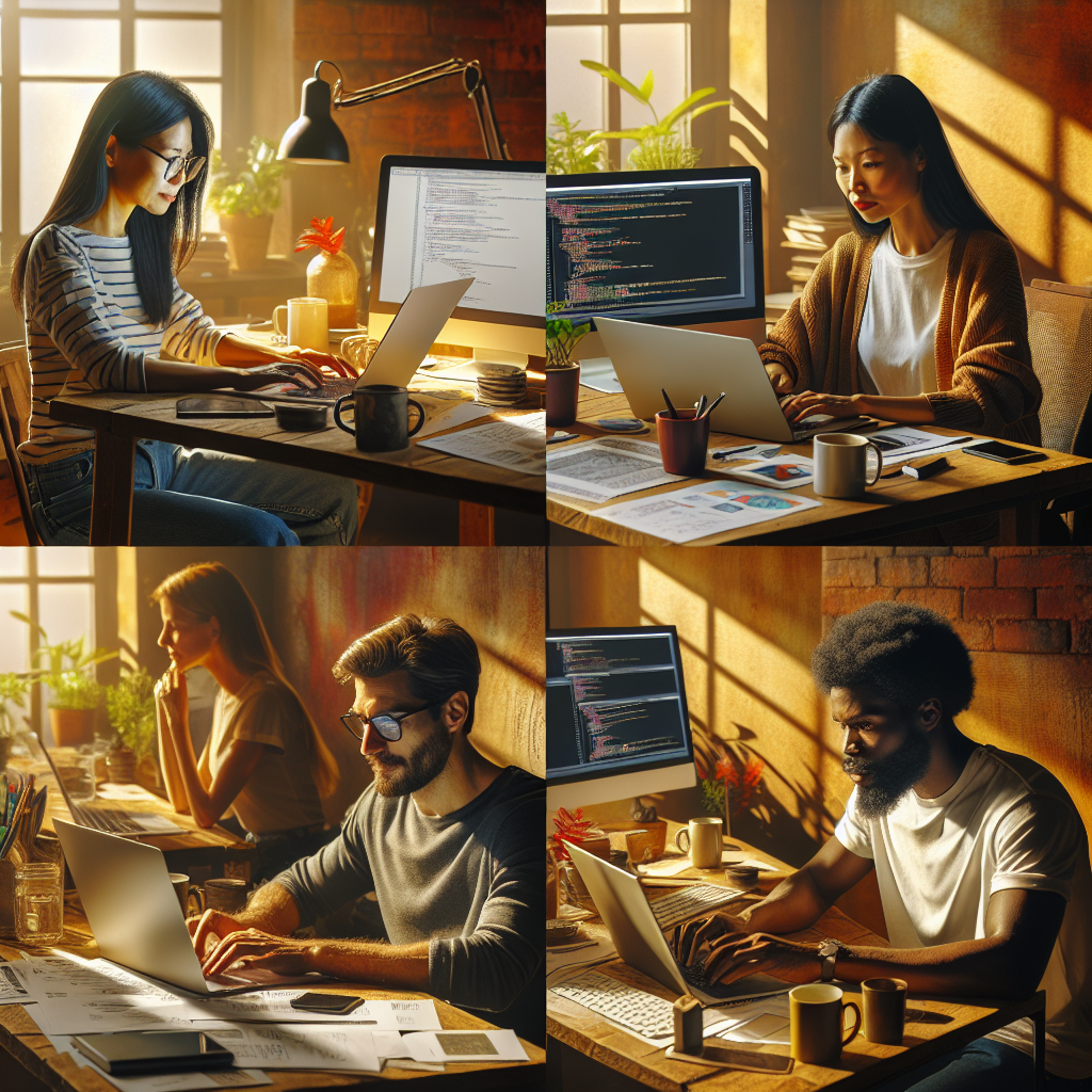 Individuals working on laptops in a cozy home office, representing affiliate marketing for WordPress themes.