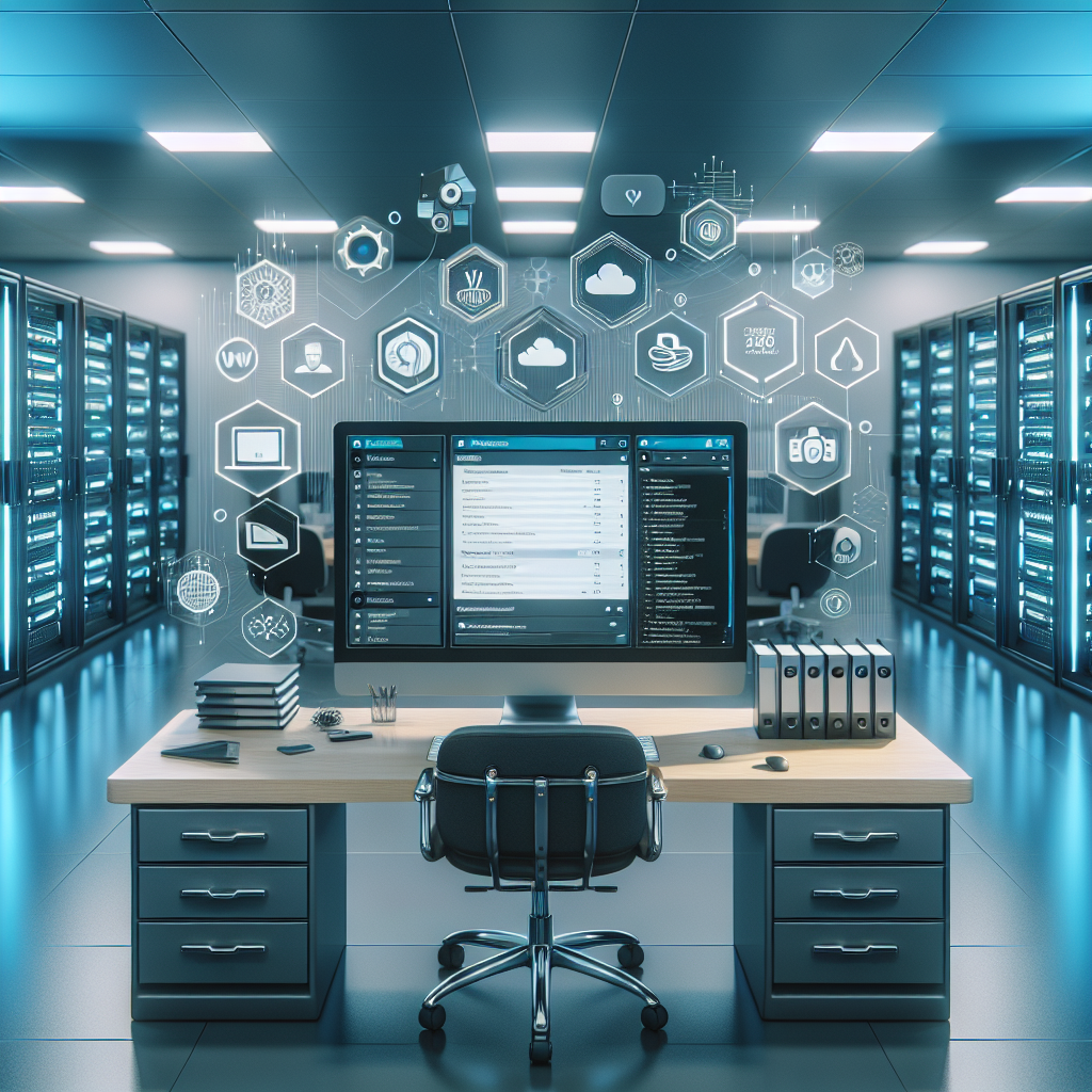 A modern office desk with a computer displaying a WordPress dashboard, server racks, and security icons representing managed WordPress hosting.