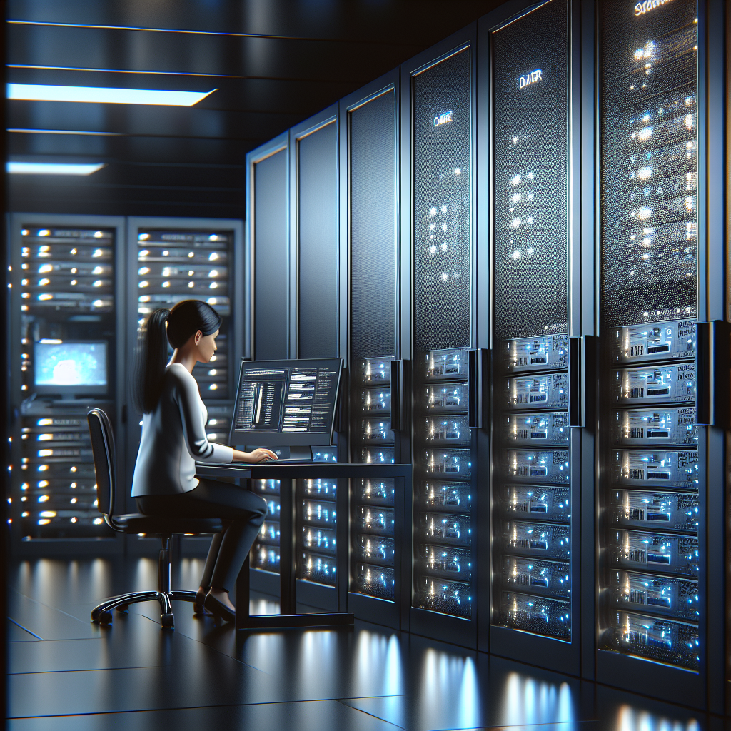 A realistic image of a server room with a technician working on a computer, showcasing advanced hosting technology.