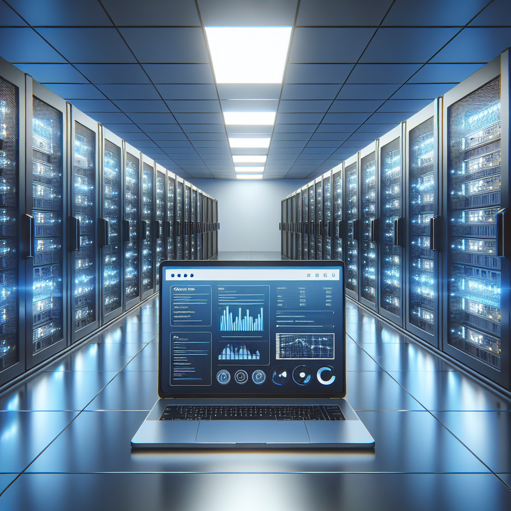 A realistic depiction of managed WordPress hosting with modern data center and WordPress dashboard on a laptop.