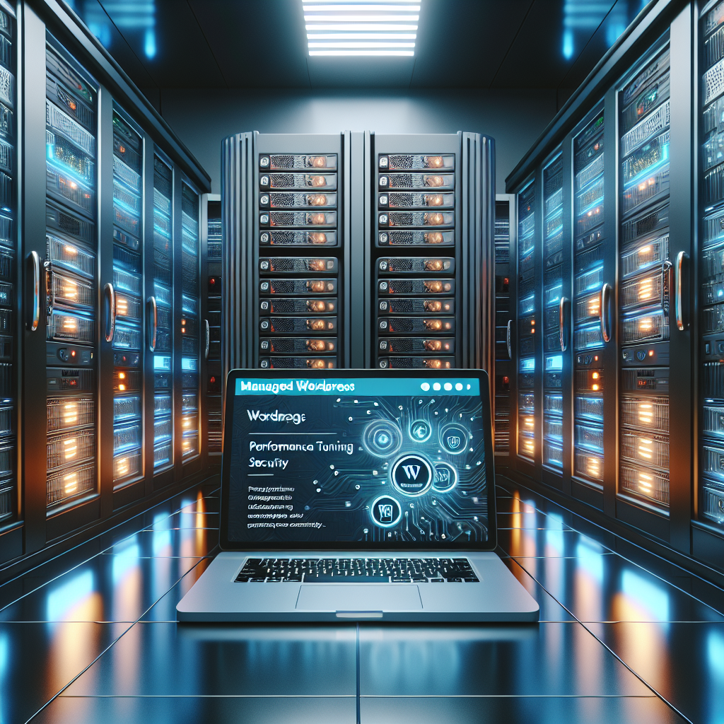 Modern server room with a laptop displaying a WordPress dashboard, illustrating Managed WordPress Hosting.