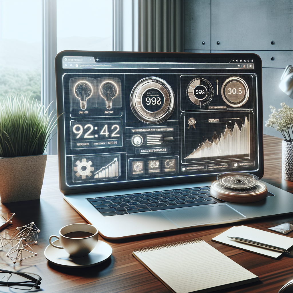 A realistic depiction of website optimization concepts with a modern office setup.