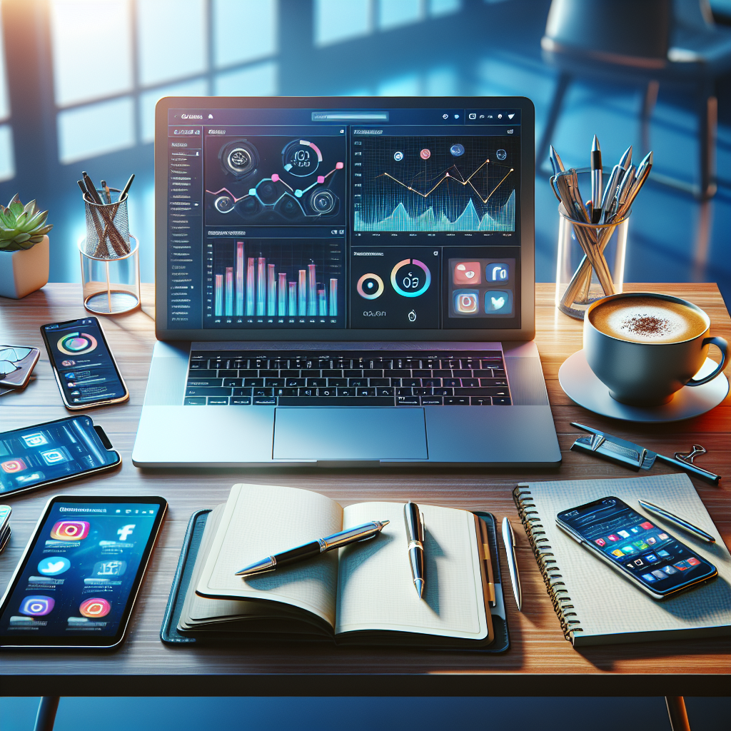 Realistic office workspace showcasing various online marketing tools on multiple devices.