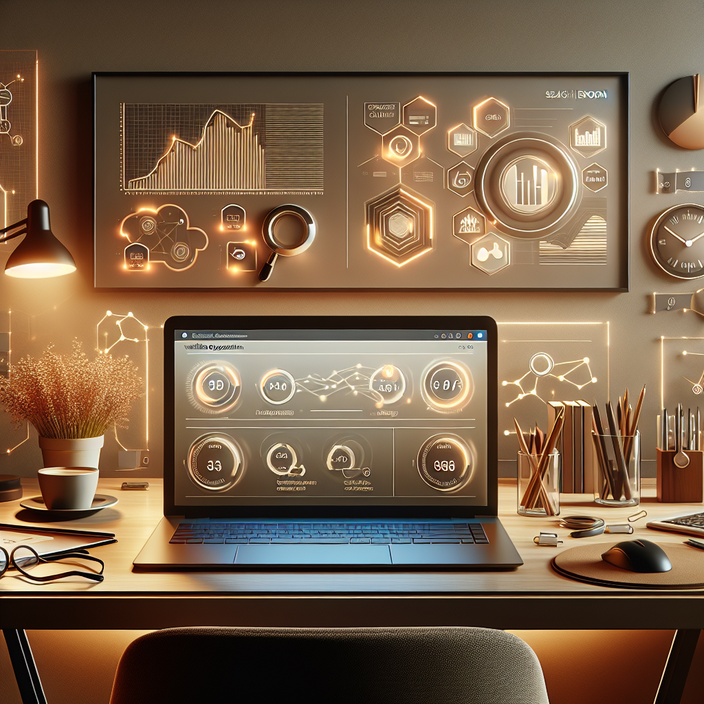 A digital art representation of website optimization with a laptop displaying analytics, surrounded by SEO graphs, speed icons, and conversion charts on a modern desk.