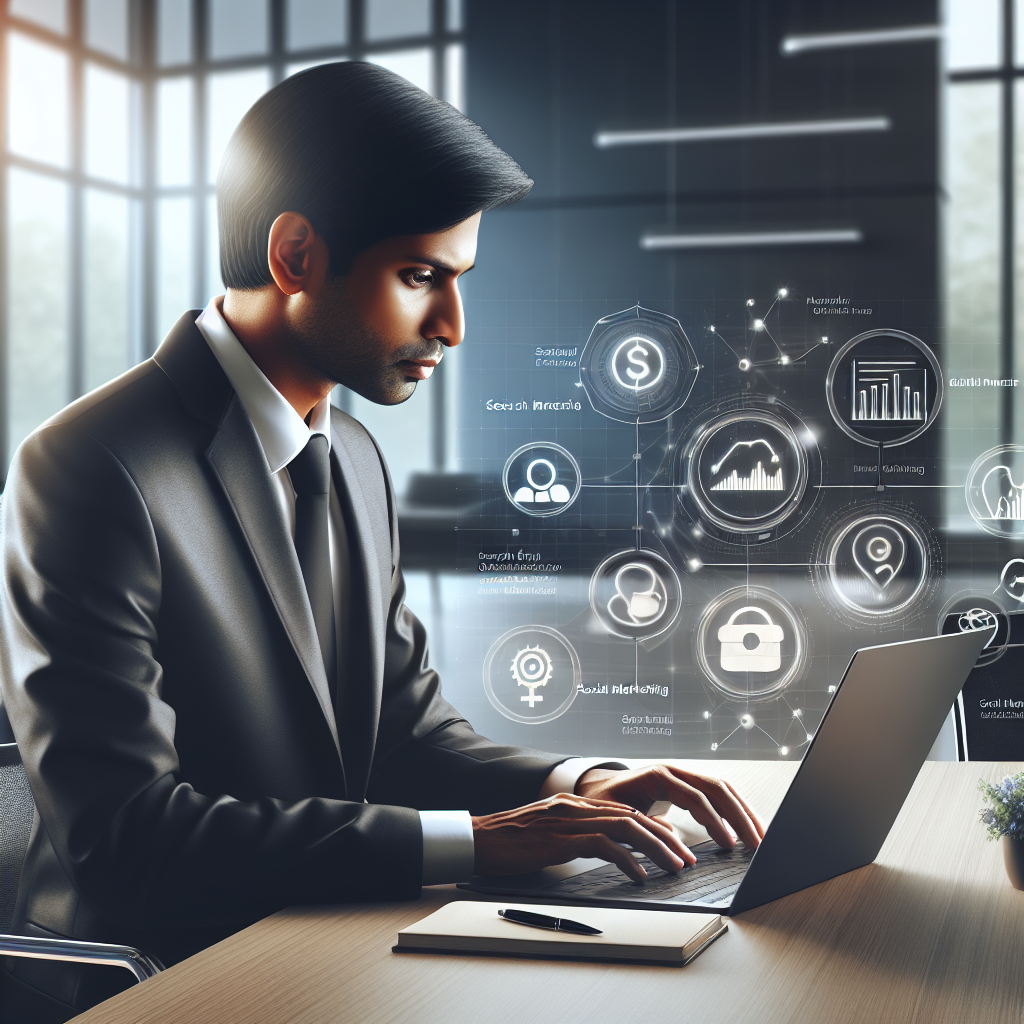 A professional working on a laptop with online marketing icons around them, representing various strategies like SEO, social media, and content marketing in a modern office setting.