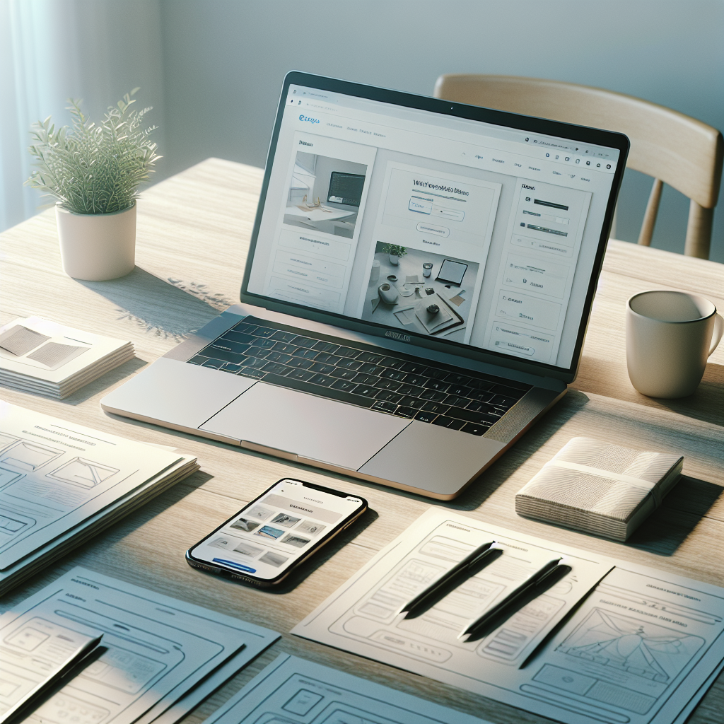 Modern workspace setup for DIY website building featuring a laptop, smartphone, and design sketches.