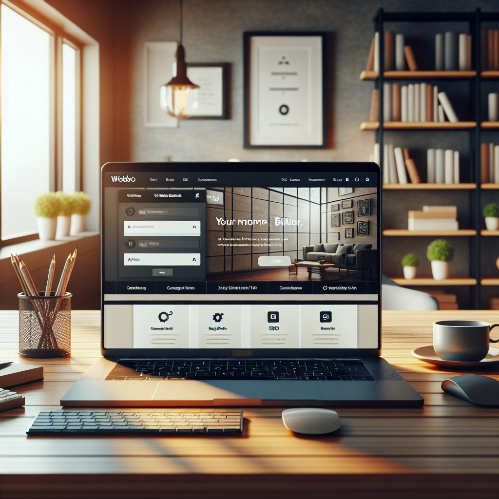 Modern workspace with a laptop displaying a DIY website builder interface on a wooden desk, surrounded by work tools and plants.